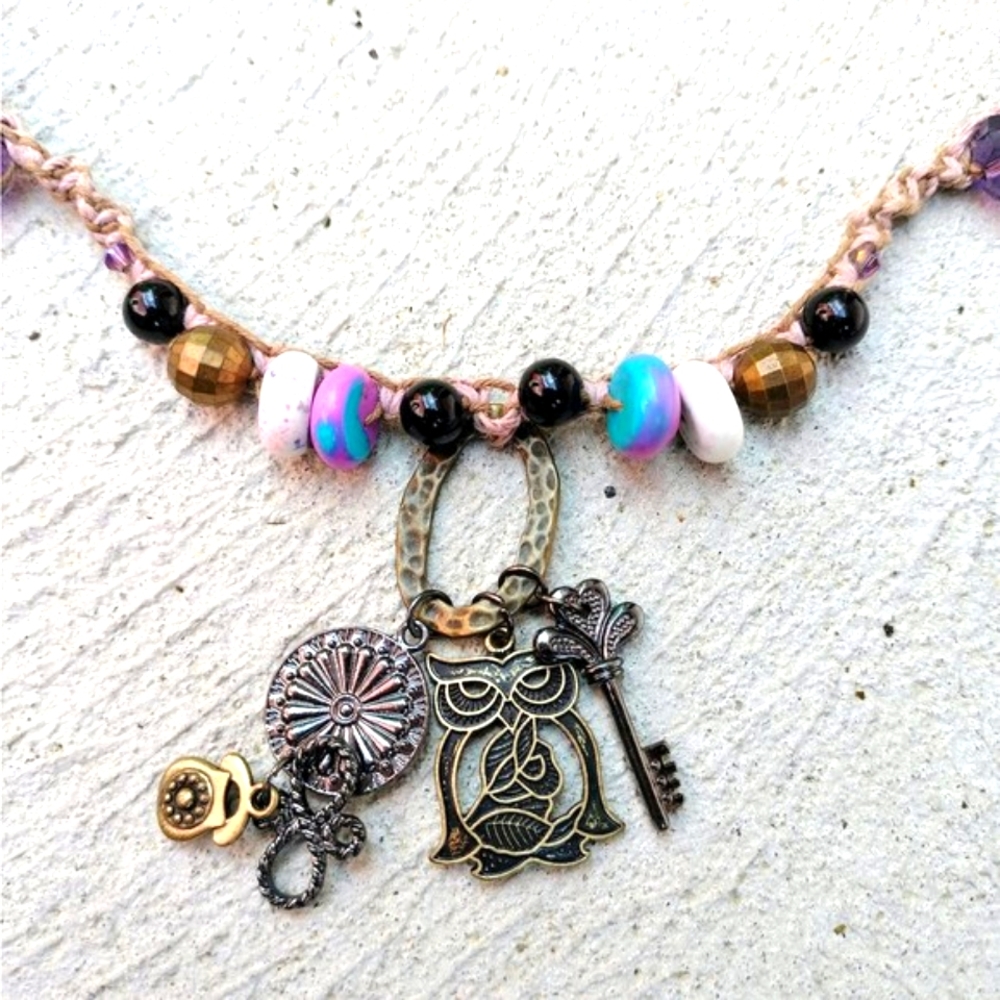 Handcrafted Owl Pendant Macrame Beaded Hemp Necklace